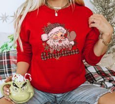 Cute Christmas Sweatshirt With Letter Print, Cute Christmas Graphic Print Sweatshirt, Cute Christmas Sweatshirt With Graphic Print, Pink Santa Hat, Trendy Crewneck Sweatshirt, Retro Merry Christmas, Trendy Crewneck, Buffalo Plaid Shirt, Pink Santa