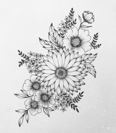 a black and white drawing of flowers