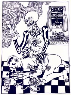 a black and white drawing of a skeleton sitting on a table next to a woman