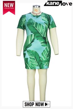 Green Fashion Casual Plus Size Print Basic O Neck Short Sleeve Dress Knee-length Bodycon Dress For Vacation, Green Short Sleeve Bodycon Dress For Summer, Green Short Sleeve Bodycon Summer Dress, Chic Green Short Sleeve Bodycon Dress, Casual Sheath Mini Dress With Floral Print, Casual Green Sheath Dress, Casual Green Mini Dress With Tropical Print, Casual Sheath Mini Dress For Summer, Green V-neck Mini Dress With Tropical Print