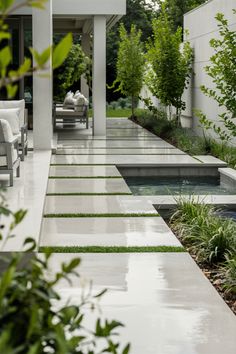 Modern outdoor patio with white stone walkway, small pool, and lush greenery. Modern Concrete Patio, Poured Concrete Patio, Concrete Patio Ideas, Concrete Paver Patio, Concrete Backyard, Concrete Patio Designs, Concrete Walkway, Concrete Pad, Concrete Steps