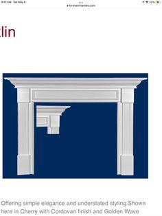 an image of a white fireplace mantel with blue background and text that reads,'the official style elegance and underrated styling show here in cherry