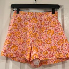 Nwt Colorful High Waisted Zip-Front Shorts From Zara Pink Shorts With Short Inseam For Day Out, Summer Floral Print Pink Shorts, Pink Floral Print Summer Shorts, Pink Floral Print Shorts For Vacation, Pink Floral Print Shorts For Beach Season, Pink High Waist Bottoms With Floral Print, Pink Stretch Summer Shorts, High Waist Pink Floral Print Bottoms, Pink High-waisted Shorts For Day Out