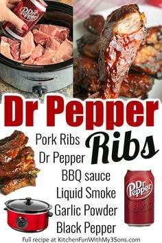 an advertisement for dr pepper ribs and other foods