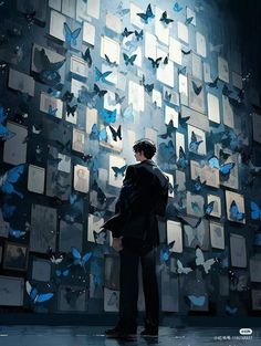 a man standing in front of a wall with butterflies on it and looking up at the sky