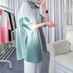 Cute Korean Gradient Shirt – Pastel Kitten Trendy Gradient Color Tops For Spring, Korean Shirt, Mens Tees Fashion, Plus Size Shirt, Tee Shirt Fashion, Effortlessly Chic Outfits, Gradient Design, Blazer Shirt, Short Coat Jackets