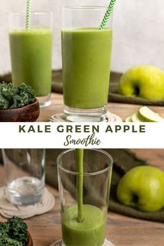 two glasses filled with green smoothie on top of a wooden table next to an apple