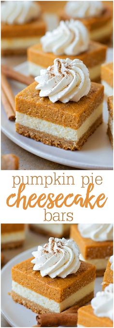 pumpkin pie cheesecake bars with whipped cream on top