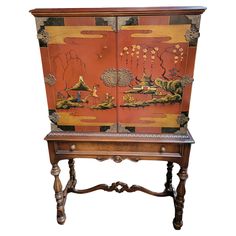 Hand painted Chinoiserie 2 door cabinet. America, circa. 1930's. In the manner of Baker Furniture. Painted Chinoiserie, 2 Door Cabinet, Painted Cabinet, Mobile Bar, Baker Furniture, Door Cabinet, Painting Cabinets, Furniture Companies, Hollywood Regency