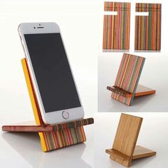 an iphone is sitting on top of a wooden stand that has been made out of strips of wood