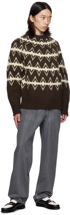 Knit wool-blend sweater. Jacquard stripes and argyle pattern throughout. · Rib knit crewneck, hem, and cuffs · Raglan sleeves Supplier color: Brown Fly Logo, Argyle Pattern, Jacquard Sweater, Grey Coat, Wide Jeans, Knit Crewneck, Jean Grey, Brown Sweater, Wool Blend Sweater