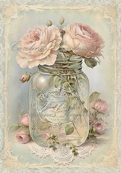 a painting of pink roses in a mason jar with lace doily on the floor