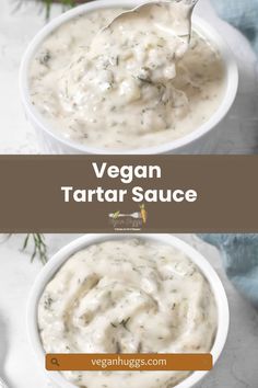 vegan tartar sauce in a white bowl with a spoon on the side and text overlay that reads, vegan tartar sauce