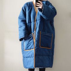 "This puffer coat has been upcycled from a 100% cotton with poly fill quilted comforter. Quite heavy and super warm with clean collar to pair with your favorite scarf. Placket and pockets are trimmed in tan moleskin.  Body is approximately 32\" wide Sleeves are approximately 18\" from raglan seam Best fits a women's size Medium to Large Wearer is 5'2\" and typically wears a size Small" Denim Comforter, Quilted Comforter, Quilt Comforter, Washed Denim, Denver Co, Wide Sleeves, Moleskine, Puffer Coat, Denim Wash