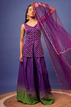 Purple silk padded kurta with sequins and cutdana hand embroidery. Comes with french crepe palazzo and a net dupatta. - Aza Fashions Purple Sleeveless Festive Sets, Sleeveless Chanderi Palazzo Set For Party, Purple Sequins Sets For Navratri, Purple Sequined Sets For Navratri, Traditional Sleeveless Sequin Set, Traditional Sequined Sleeveless Set, Sleeveless Silk Sequin Sets, Sleeveless Silk Sets With Sequins, Sleeveless Sequin Sets For Diwali