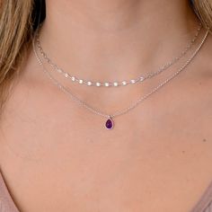 This minimalist layered green stone droplet necklace is a set of 2. The chains are solid sterling silver 925. They have an extension so that the size can be adjusted. The one necklace is a plain chain while the other has a small stone droplet pendant on it. Silver Amethyst Necklace, Silver And Purple Necklace, Purple Prom Jewelry, Purple Necklaces, Amethyst Birthstone Necklace, Silver Layered Necklace, Droplet Necklace, Stackable Necklaces