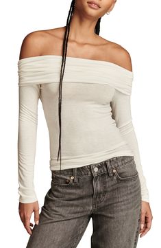 This easy top is shrugged off the shoulders for a laid-back vibe. Off-the-shoulder neck Long sleeves 63% polyester, 33% rayon, 4% elastane Machine wash, tumble dry Imported Stretch Off-shoulder Tops For Day Out, Cold Shoulder Tops For Day Out In Fall, Cold Shoulder Tops For Fall Day Out, Chic Off-shoulder Long Sleeve Top For Summer, Versatile Off-shoulder Tops For Day Out, Casual Summer Off-shoulder Top With Foldover, Casual Off-shoulder Long Sleeve Top For Summer, Off-shoulder Tops For Spring Layering, Spring Off-shoulder Tops For Layering