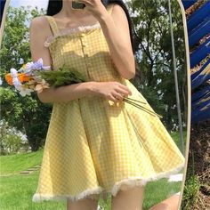 Plaid Yellow Kawaii Dolly Nymphette Summer Picnic Dress with ruffles along hem and an open back.       ColorYellow       SizeSML       Size referenceUnitcm        SizeS: Length 80, bust 86          Size M: Length 81,bust 90         Size L: Length 82, bust 94 Summer Picnic Dress, Yellow Kawaii, Y2k Fashion Aesthetic, Dolly Dress, Yellow Clothes, Mori Girl Fashion, Elegant Jacket, Aesthetic Dress, Picnic Dress