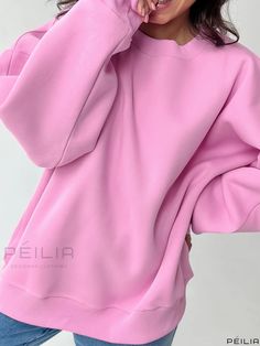 Peilia - Premium Solid Color Fleece Round Neck Sweatshirt: Long Sleeve Casual Pullover Sports Sweatshirt for Women Sporty Solid Color Sweatshirt For Leisure, Sporty Solid Color Leisure Sweatshirt, Sporty Leisure Sweatshirt, Solid Fleece Sweatshirt For Leisure, Fleece Sweatshirt For Leisure, Sporty Sweater With Soft Texture And Crew Neck, Pink Drop Shoulder Sweatshirt With Ribbed Cuffs, Pink Long Sleeve Sweatshirt With Ribbed Cuffs, Solid Color Fleece Top With Drop Shoulder