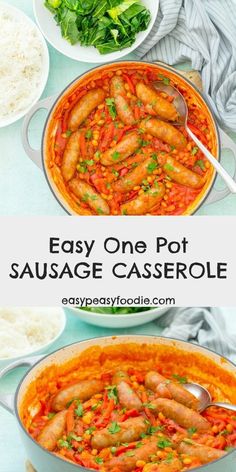 one pot sausage casserole with carrots and rice in it, on a blue table