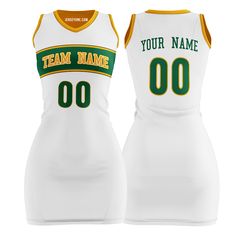 Shop custom white green and yellow basketball jersey dress for women and girls at Jersey One. The jersey dresses are made from durable, quick-dry, and breathable polyester fabric, they are perfect for daily, parties or outfitting your team. Embroidered Tracking Twill The team name, player name, and player number are embroidered, making the jersey durable, breathable, and stylish. Design Your Own You can also customize the design of our basketball jersey dress template. For example, you can chang Sporty V-neck Sports Dress, Sporty Sleeveless White Tennis Dress, White Sleeveless Team Name Tops, Green Sleeveless Tennis Dress For Sports, Sleeveless Green Tennis Dress For Sports, Green Sleeveless Tennis Dress, Sporty Green Sleeveless Tennis Dress, Basketball Jersey Dress, Dress Template