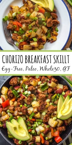 a skillet filled with ground beef, avocado and other vegetables that are ready to be eaten