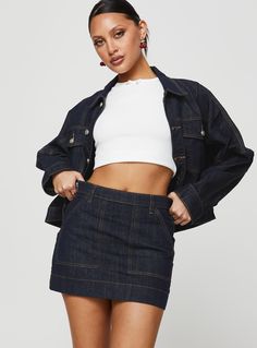 Dark wash denim mini skirt Belt looped waist, zip fastening at side, four-pocket design Non-stretch, unlined 100% cotton Cold machine wash Pink Formal Dresses, Fleece Dress, Outerwear Outfit, Skirt Belt, Strapless Tops, Loungewear Sets, Skirts Online, Casual Tank Tops, Tops Fall