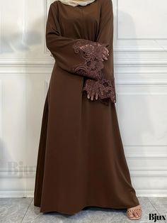 Bjux - Designer Applique Tie Waist Abayas: Sophisticated Maxi Length Dress with Long Sleeves - Exquisite Womens Fashion Brown Stretch Dress For Formal Occasions, Formal Brown Stretch Dress, Long Brown Elegant Dress, Long Brown Dress For Eid, Long Brown Dresses For Eid, Brown Long Dress For Eid, Elegant Long Brown Abaya, Long Brown Abaya, Elegant Long Sleeve Brown Abaya