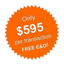 an orange sticker with the words only $ 595 per transaction free e & o