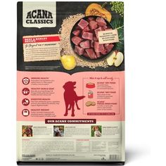 the back of a bag of acana classics dog food with meat and vegetables