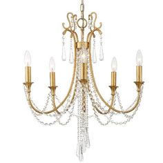 a gold chandelier with crystal beads hanging from it's arms and sides