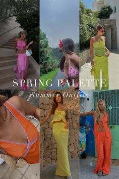 A Colour Analysis inspired mood board for the Spring Color season showcasing Summertime outfits Bright Spring Soft Classic, Warm Spring Color Palette Makeup, Spring Palette Outfits, True Spring Color Palette Outfits, Bright Spring Color Palette