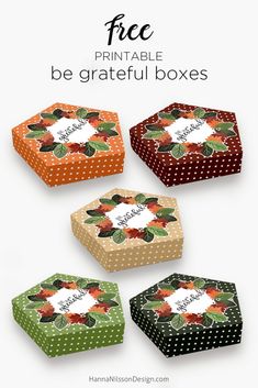 four boxes with different designs and the words free printable be grateful boxes on them