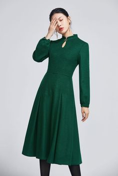 Winter wool dress vintage green dress for women Midi dress | Etsy Fall Season High Neck Green Dress, Green High Neck Dress For Fall, High Neck Green Dress For Fall, Green A-line Winter Dress, Green Long Sleeve Midi Dress For Formal Events, Green A-line Midi Dress For Winter, Elegant Winter Dress With Stand Collar, Green High Neck Winter Dress, Elegant High Neck Winter Dress