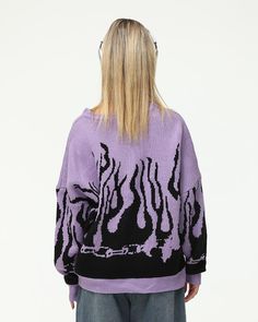 Details: Long-sleeve sweater with fire graphical designTop Length: NormalSleeve Length: Long SleevesMaterials:100% Acrylic Oversized Long Sleeve Sweater With Text Print, Oversized Grunge Sweater With Graphic Print, Purple Fire Sweater, Oversized 90s Graphic Print Sweater, Purple Graphic Print Crew Neck Sweater, Graphical Design, Jean Skirt, Maxi Dresses Casual, Crop Top Blouse