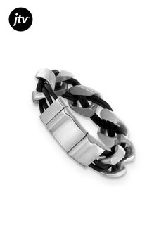 Stainless steel and black braided leather adjustable bracelet with brushed finish and magnetic clasp. Measures approximately 8 1/2" to 9 1/4"L x 13/16"W. Black Braids, Magnetic Clasp, Braided Leather, Adjustable Bracelet, Braids, Stainless Steel, Bracelet, Leather, Black