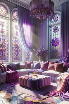 a living room filled with lots of purple furniture