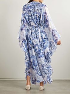 Summer Embellished Georgette Kaftan, Bohemian Georgette Kaftan With Floral Print, Spring Bohemian Georgette Kaftan, Bohemian Georgette Kaftan For Spring, Bohemian Georgette Beach Dress, Elegant Chiffon Kaftan, Elegant Floral Print Flowy Kaftan, Elegant Blue Floral Print Kaftan, Elegant White Printed Kaftan