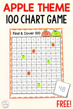 an apple themed 100 chart game with the words find and cover in front of it