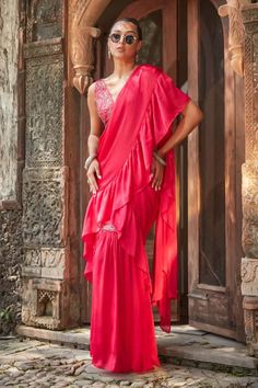 Hot pink mermaid pre-draped ruffle saree with embroidered detail. Comes with an embroidered blouse embellished by beads and sequins. - Aza Fashions Ruffle Sarees, Ruffle Saree, Drape Saree, Pink Mermaid, Embellished Blouse, Blouse For Women, Pink Satin, Embroidered Blouse, Aza Fashion