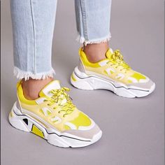 Description In Pictures! Yellow Color Block Lace-up Sneakers, Sporty Mustard Sneakers For Spring, Mustard Sporty Sneakers For Spring, Bold Spring Streetwear Sneakers, Yellow High-top Sporty Platform Sneakers, Yellow Sneakers For Spring Streetwear, Mustard Low-top Sneakers For Spring, Yellow Sporty Lace-up Platform Sneakers, Sporty Yellow Lace-up Platform Sneakers