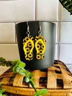 "What a cute way to show a little summer! Sunflower flip-flop acrylic earrings. Sterling Silver fish hook wires These earrings are laser cut on 1/8\" thick acrylic and are very lightweight. The dangle length is approx. 3\" **Check out our other wood and acrylic earrings too Any questions please send me a message! Thank you for viewing my item! Made in a smoke-free home, USA." Summer Gift Earrings With Ear Wire, Casual Black Earrings For Summer, Black Casual Summer Earrings, Yellow Earrings For Beach In Spring, Summer Flower Earrings As Gift, Casual Black Summer Earrings, Hypoallergenic Flower Earrings For Summer Gift, Summer Hypoallergenic Flower Earrings Gift, Summer Flower Earrings For Gift