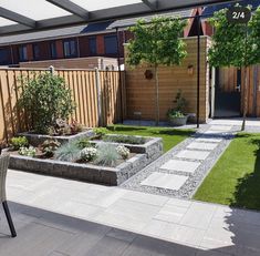 an outdoor patio area with grass and plants