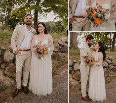 a bride and groom standing next to each other in front of some rocks with flowers