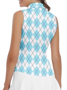 Our checkerboard sleeveless polo is the perfect blend of style and function. The vibrant colors and argyle pattern are timeless fashion, while the soft, breathable fabric ensures all-day comfort. The wrinkle-resistant and quick-drying properties make this shirt perfect for both on and off the course. Prints & Pattern: Checkerboard / ArgyleMaterial: 95% Polyester, 5% Spandex.Highlights: UPF50+ (UVA/UVB), streamlined fitCollar type: Quarter-zip collarSleeves: Sleeveless, Colors: White and blueScen Argyle Pattern, Tennis Shirts, Zip Collar, Polo Blue, Athletic Fits, Golf Polo, Golf Shirts, Blue Plaid, Types Of Collars