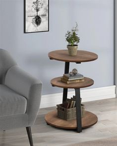 a living room with a couch, chair and three tiered shelves on the wall