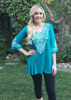 "Tunic Top, Tunics, Tunic, Womens Tunic, Ethnic Top, Western Top, Green with White, V neck and a great A-line shape that has a loose fitting bottom. The sleeves have a bell and they are not cut too narrow @ the top of the arm. The Fabric is 95% Rayon/5% Spandex. I recommend wash in cold and hang dry. The fabric is great for travel, just roll it up and hang it up - all of the wrinkles fall right out. The turquoise stitch detail is put on with a silk screen (not itchy on the inside) and it also go Western Top, Black Tunic Tops, Green Tunic, Western Tops, Tie Dye Maxi, Black Tunic, Loose Fitting Tops, Plus Size Maxi Dresses, Womens Tunics