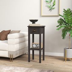 a living room with a couch, table and potted plant on the floor next to it