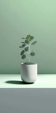 a small plant in a white pot on a green surface with shadows from the floor