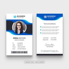 a blue and black business card with a woman's face on the front side